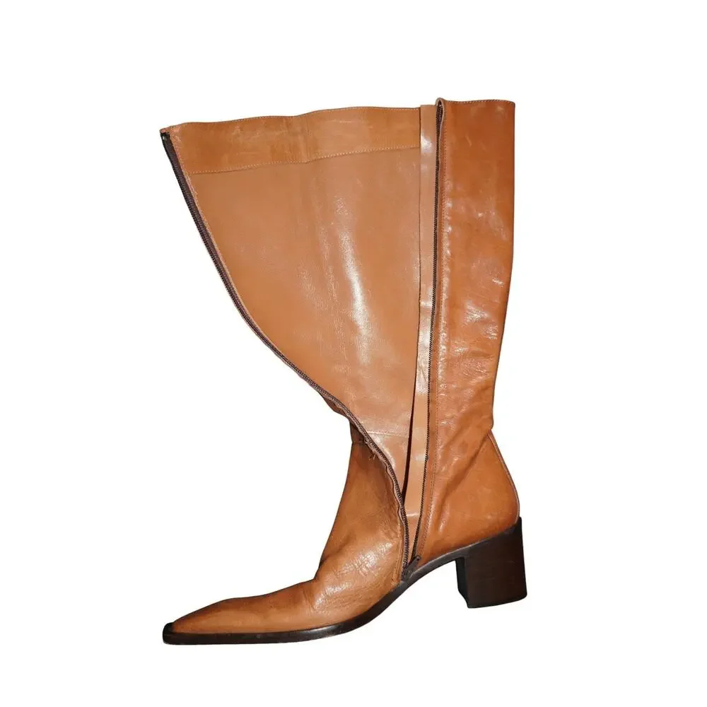 Spaziomoda Bologna Italian Leather Mid Calf Boots Tan Pointed Toe Size 40 - Picture 6 of 13